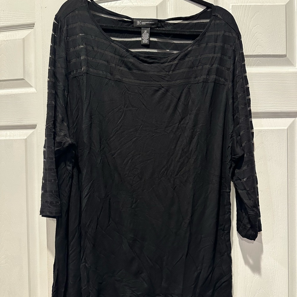 INC International Concepts Black with Sheer Stripes Top